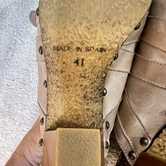 Dune Womens Beige Leather Mules Clogs Heels 41 Cone Heel Buckle Slip On