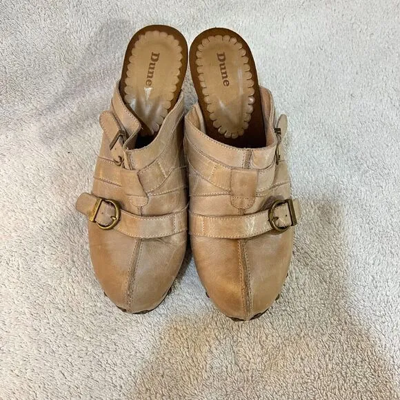 Dune Womens Beige Leather Mules Clogs Heels 41 Cone Heel Buckle Slip On