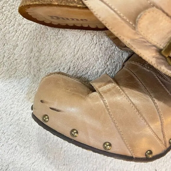 Dune Womens Beige Leather Mules Clogs Heels 41 Cone Heel Buckle Slip On