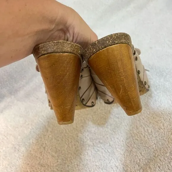 Dune Womens Beige Leather Mules Clogs Heels 41 Cone Heel Buckle Slip On