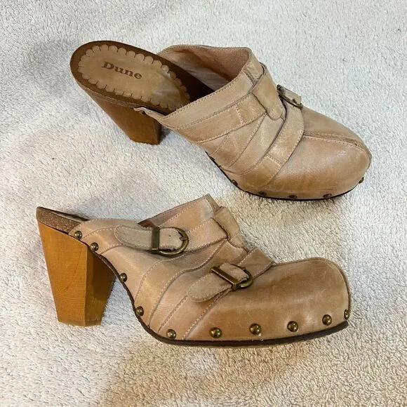 Dune Womens Beige Leather Mules Clogs Heels 41 Cone Heel Buckle Slip On