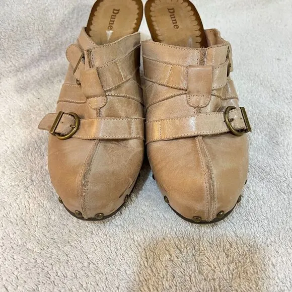 Dune Womens Beige Leather Mules Clogs Heels 41 Cone Heel Buckle Slip On