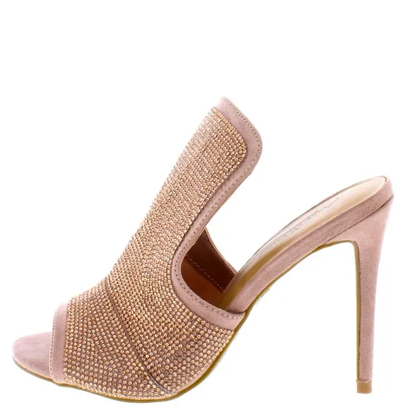Dusty Blush Peep Toe Crystal Embellished Stiletto High Heel Mules