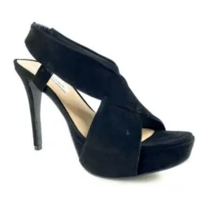 DVF Platform Black Suede Thick Strappy Slingback Heels Peep Toe Stiletto