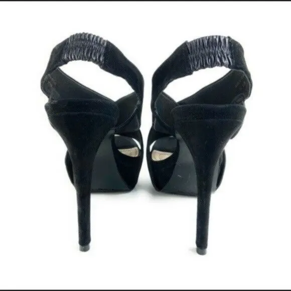 DVF Platform Black Suede Thick Strappy Slingback Heels Peep Toe Stiletto