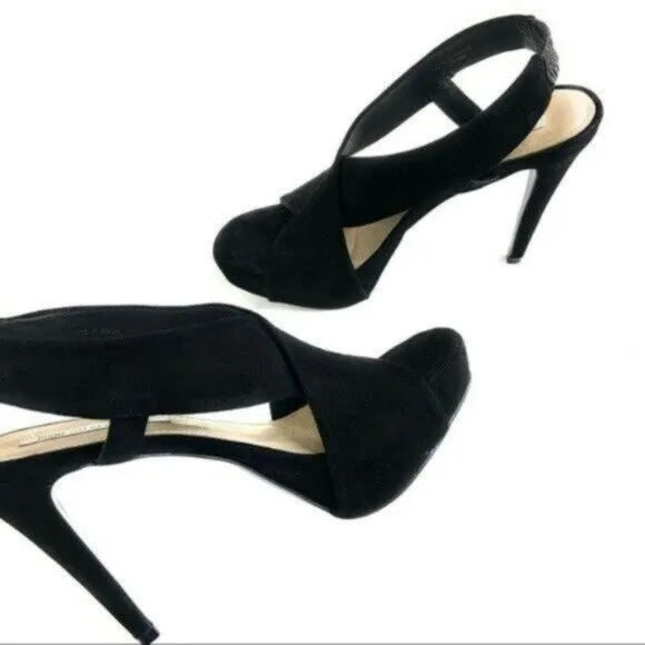 DVF Platform Black Suede Thick Strappy Slingback Heels Peep Toe Stiletto