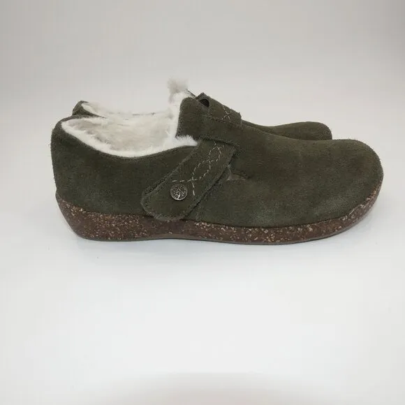 Earth Origins Aurora Jade Faux Fur Classic Olive Suede Clogs Women’s Size 6 1/2