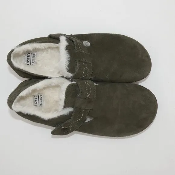 Earth Origins Aurora Jade Faux Fur Classic Olive Suede Clogs Women’s Size 6 1/2