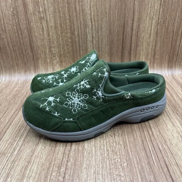 Easy Spirit Traveltime Clog Suede and Wool Green with Snowflakes Women Size 9WW