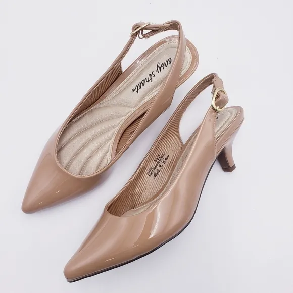 EASY STREET Womens Nude Patent Stretch Gore Faye Pointed Toe Stiletto Slingback