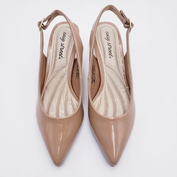 EASY STREET Womens Nude Patent Stretch Gore Faye Pointed Toe Stiletto Slingback