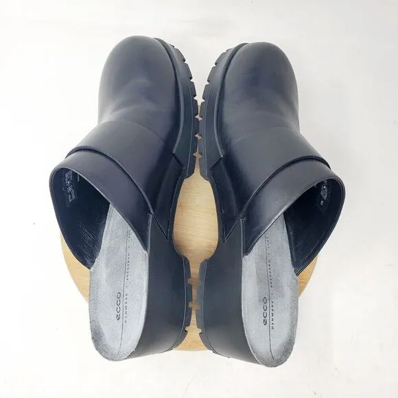 ECCO Comfort Clogs Womens 42 Black Leather Platform Mule Slide Chunky Lug Sole