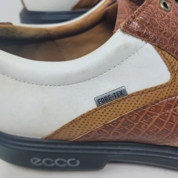Ecco Golf Shoes Mens 10.5 EU44 Goretex Waterproof Spikes Croc Leather White Brwn