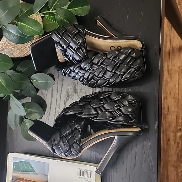 EGO Square Toe Puffy Braided Criss Cross Heels UK 6 US 8 Quilted Vegan Slingback
