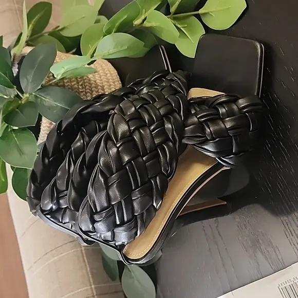 EGO Square Toe Puffy Braided Criss Cross Heels UK 6 US 8 Quilted Vegan Slingback