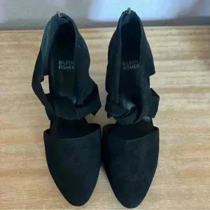 EILEEN FISHER Mary Knotted Black Suede Cutout Kitten Heel Pumps - US 7.5