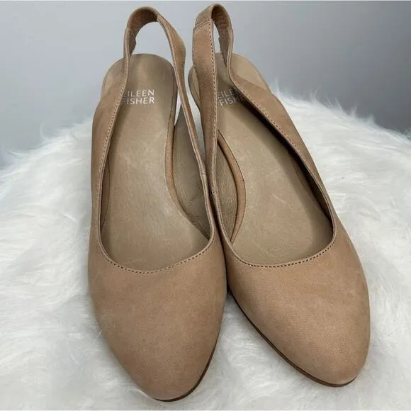 EILEEN FISHER Mila Slingback Leather Heels Womens Size 7 Nubuck Luxury Classic