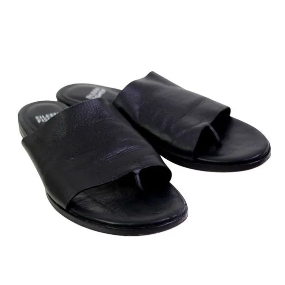 Eileen Fisher BLACK GENUINE LEATHER FLAT OPEN TOE SANDALS MULES SHOES Sz 6.5