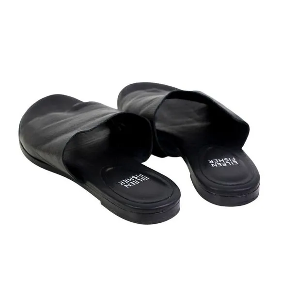 Eileen Fisher BLACK GENUINE LEATHER FLAT OPEN TOE SANDALS MULES SHOES Sz 6.5