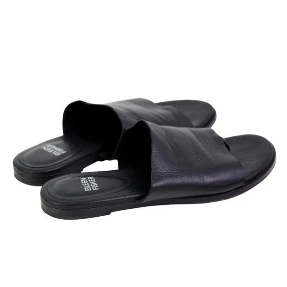 Eileen Fisher BLACK GENUINE LEATHER FLAT OPEN TOE SANDALS MULES SHOES Sz 6.5