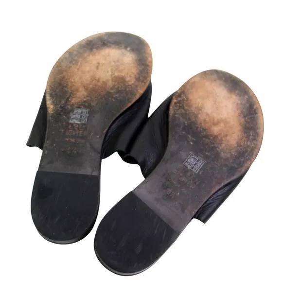 Eileen Fisher BLACK GENUINE LEATHER FLAT OPEN TOE SANDALS MULES SHOES Sz 6.5