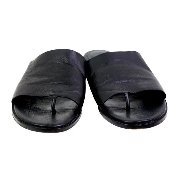 Eileen Fisher BLACK GENUINE LEATHER FLAT OPEN TOE SANDALS MULES SHOES Sz 6.5