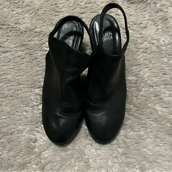 Eileen Fisher CHANCE Black Leather Closed Toe Block Heeled Slip On Slingback