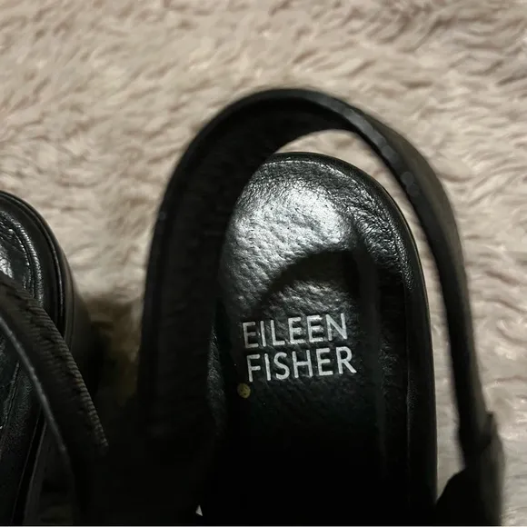 Eileen Fisher CHANCE Black Leather Closed Toe Block Heeled Slip On Slingback