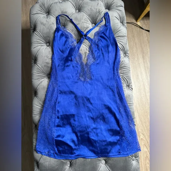 Elegant royal blue satin slip dress with pantie and Robe delicate lace details.