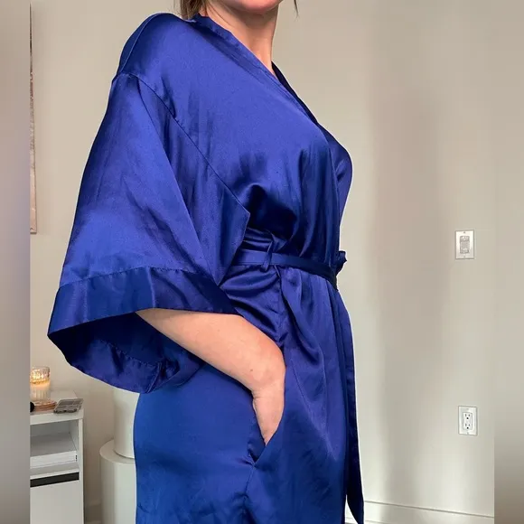 Elegant royal blue satin slip dress with pantie and Robe delicate lace details.