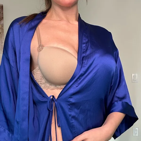 Elegant royal blue satin slip dress with pantie and Robe delicate lace details.