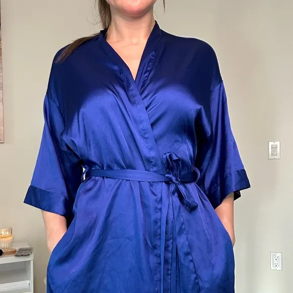 Elegant royal blue satin slip dress with pantie and Robe delicate lace details.
