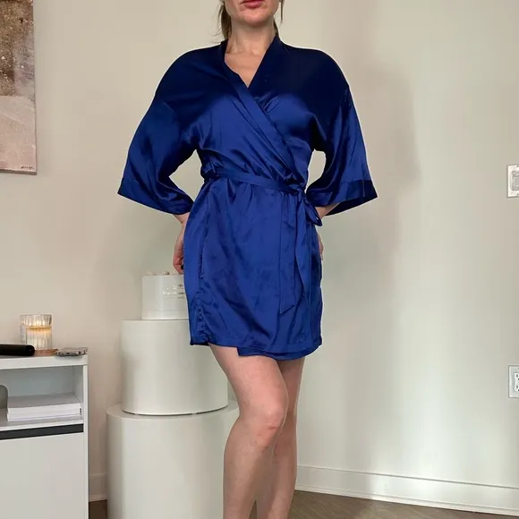 Elegant royal blue satin slip dress with pantie and Robe delicate lace details.
