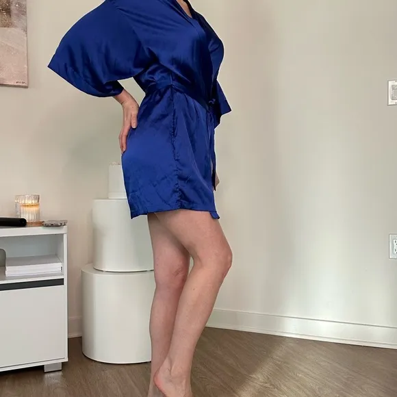 Elegant royal blue satin slip dress with pantie and Robe delicate lace details.