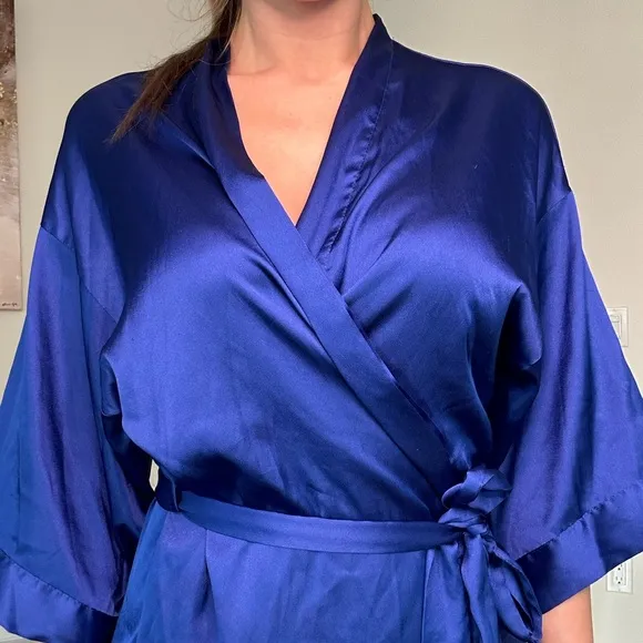 Elegant royal blue satin slip dress with pantie and Robe delicate lace details.