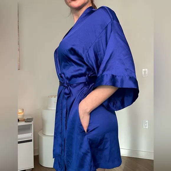 Elegant royal blue satin slip dress with pantie and Robe delicate lace details.