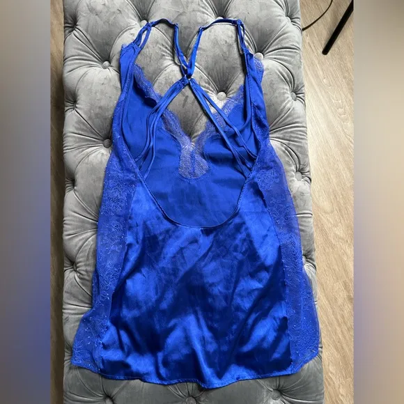 Elegant royal blue satin slip dress with pantie and Robe delicate lace details.