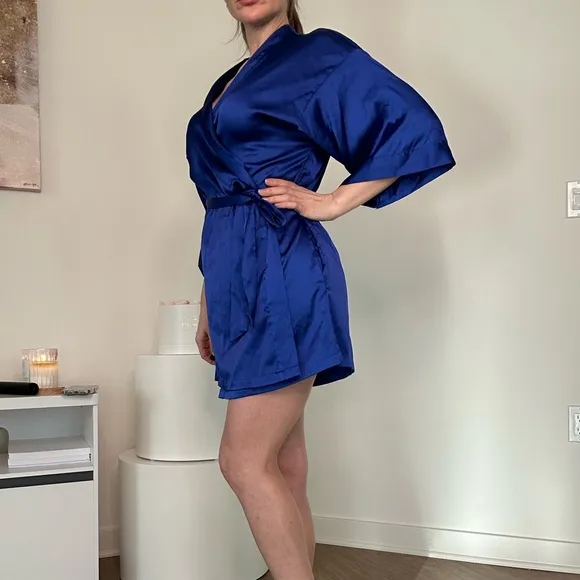 Elegant royal blue satin slip dress with pantie and Robe delicate lace details.