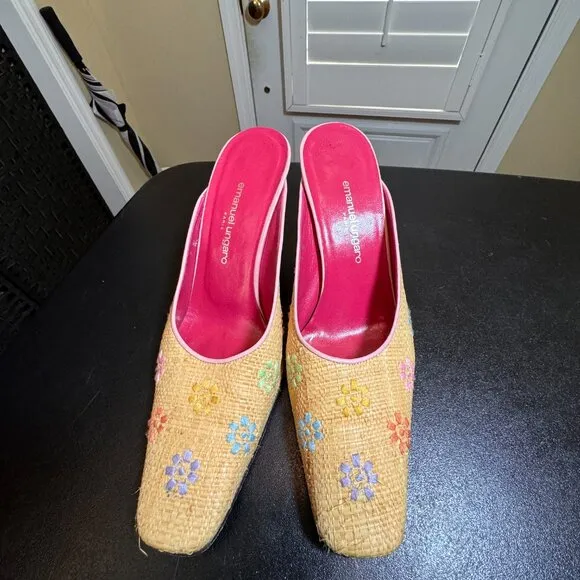 Emanuel Ungaro Paris size 9N floral raffia mules slipon