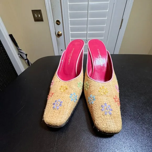 Emanuel Ungaro Paris size 9N floral raffia mules slipon