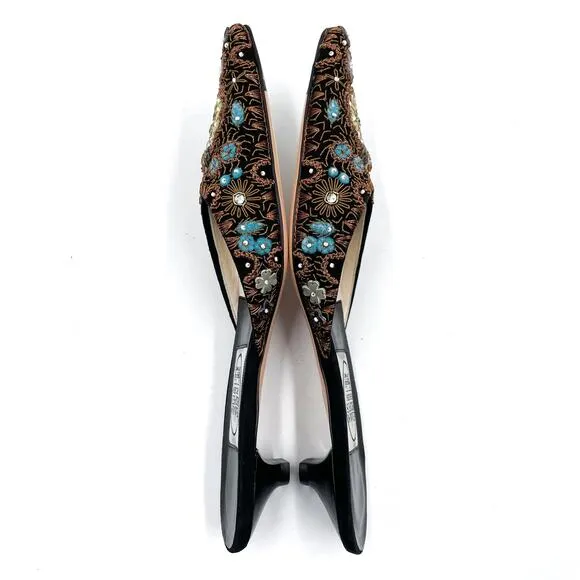 Emma Hope Mules Black Floral Embroidered Beaded Pointed Kitten Sz 37 / 7