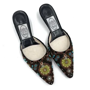 Emma Hope Mules Black Floral Embroidered Beaded Pointed Kitten Sz 37 / 7
