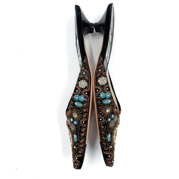 Emma Hope Mules Black Floral Embroidered Beaded Pointed Kitten Sz 37 / 7