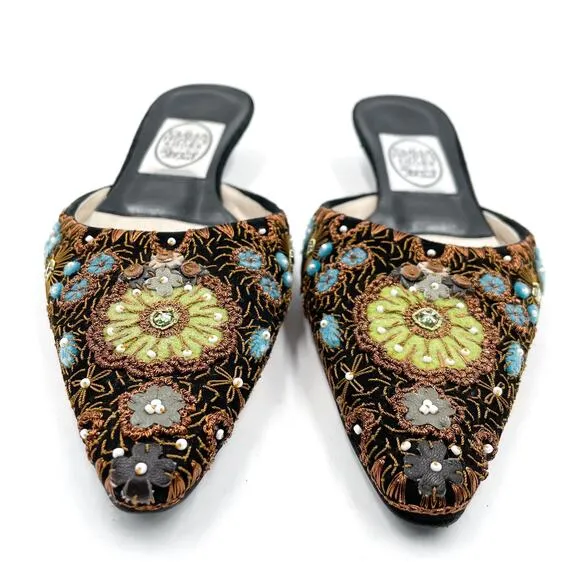 Emma Hope Mules Black Floral Embroidered Beaded Pointed Kitten Sz 37 / 7