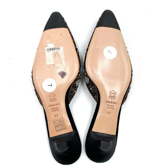 Emma Hope Mules Black Floral Embroidered Beaded Pointed Kitten Sz 37 / 7