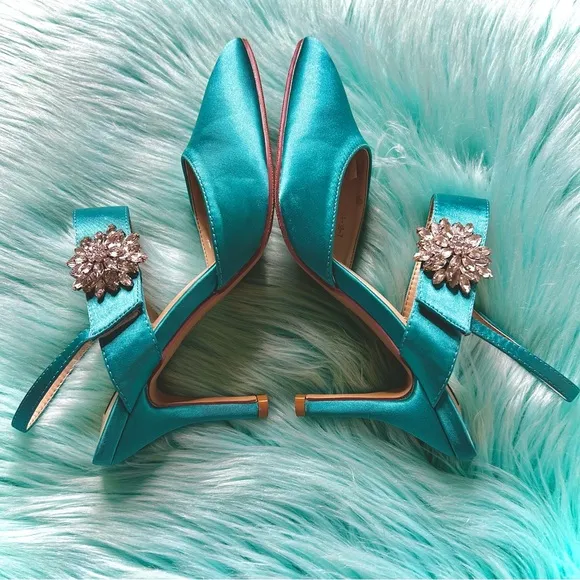 ERIJUNOR Teal SATIN Slingback Crystal Embellished Heels Women's 7