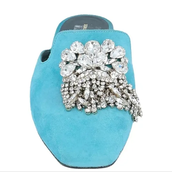 Ermanno Scervino Mules Flat Sandals Teal Blue Sz 37/7