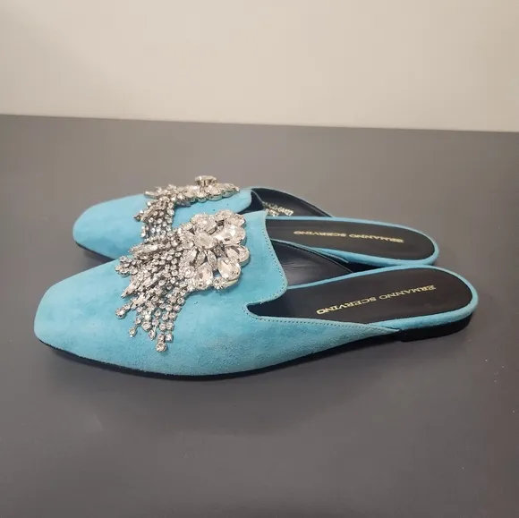 Ermanno Scervino Mules Flat Sandals Teal Blue Sz 37/7