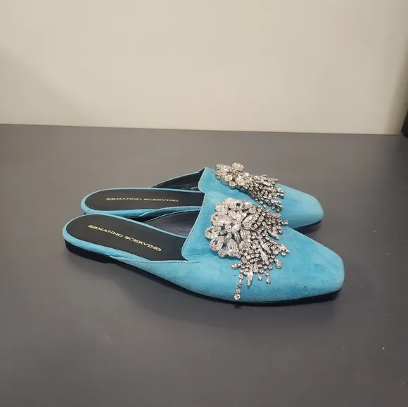 Ermanno Scervino Mules Flat Sandals Teal Blue Sz 37/7
