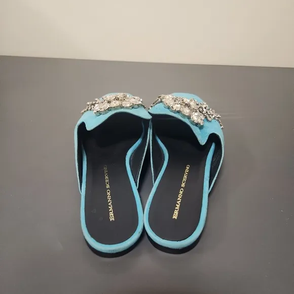 Ermanno Scervino Mules Flat Sandals Teal Blue Sz 37/7